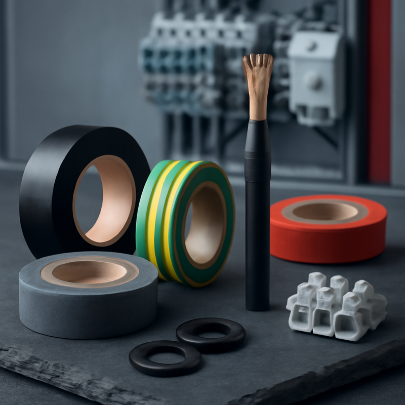 Produkt-Stillleben im Vordergrund: Isolierbänder für die Elektrotechnik — eine Rolle klassisches schwarzes PVC-Isolierband, eine Rolle gelb-grünes PVC-Isolierba
