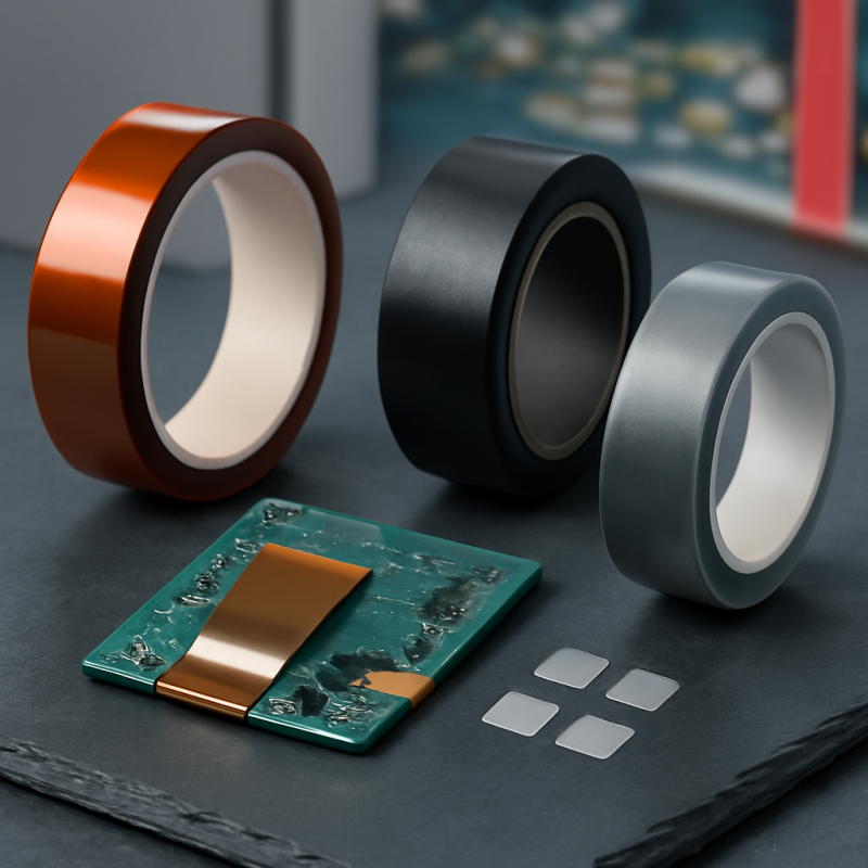 Produkt-Stillleben im Vordergrund: Klebebänder für die Elektronikfertigung — eine Rolle bernsteinfarbenes Polyimid-Tape (Kapton-artig, hitzebeständig für Lötpro
