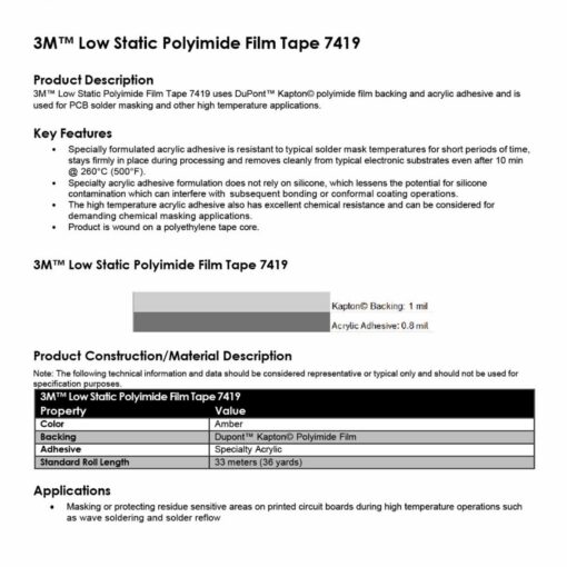 3M 7419 Hochtemperatur Polyimid-Klebeband, NSNF, 25,4 mm x 33 m, Polyimid (Kapton), 25.4 mm – CHEM-TEC