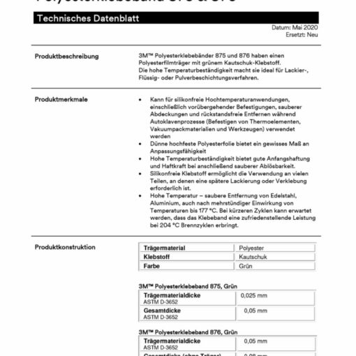 3M 876 Polyester-Klebeband 0,08 mm Hochtemperatu, Einseitig klebend, Polyester/PET – CHEM-TEC