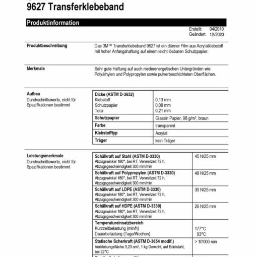 3M 9627 Transfer-Klebeband ohne Träger, Doppelseitig klebend, trägerlos (Transfer), Acrylat – CHEM-TEC