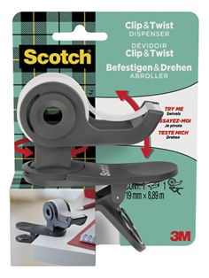Scotch Clip & Twist Klebeband-Abroller C19, Grau + Scotch Magic Unsichtbares Klebeband, 19 mm × 8,89 m, 1 Rolle/Packung